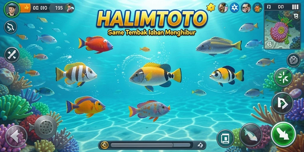 Tampilan gameplay seru HALIMTOTO dengan berbagai ikan berwarna-warni.