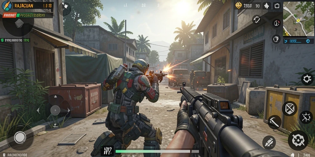 Tangkapan layar gameplay RAJACUAN menampilkan aksi tembak-menembak yang seru.
